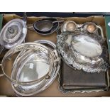 A Mappin and Webb three piece tea service together with a entree dishes potato crown salver and