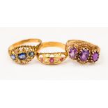 Three Venetian gold rings including an 18ct diamond and ruby boat ring, size L,