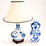 A Chinese blue/white squat base, lamp base with stand and shade, approx 40cms/15.