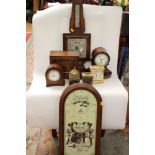 A box of clocks and a wall clock, and a barometer, some keys present (6 mantle clocks,