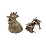 A French bronzed metal inkwell fashioned as a cockerel, glass eyes, no foundry mark,
