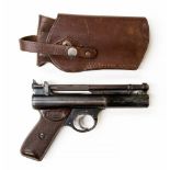 Webley Senior Air Pistol .22 cal. Numbered 622. Together with a brown leather holster.