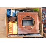 A collection of vintage cameras including 19th Century mahogany box camera, Ilford Craftsman,