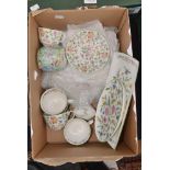 A Minton 'Haddon Hall' part tea service with a Shelley sugar and cover etc