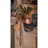 Two copper coal scuttles, with a brass log store, assorted brass and copper fire companion sets,