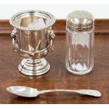 A silver twin handled urn, Sheffield 1967; together with dressing table pot with silver top,