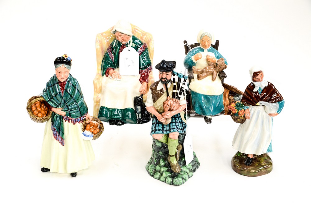 A collection of five Royal Doulton figures, including Country Lass HN 1991, Forty Winks HN 842483,