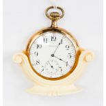 A 9ct gold Waltham slim pocket watch and cream stand