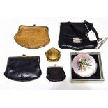 A leather housekeepers navy 1930s handbag and two purses and one mini purse,