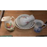 Three wash jugs including ironstone and blue/white two wash bowls and a small jardiniere (6)