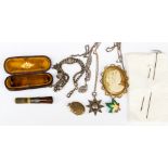 Collection of items including silver pendant, hat pins, locket, chains, cameo,