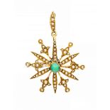 A Victorian turquoise and seed pearl 15ct gold star pendant/brooch,