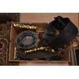 A box of assorted metalware including, two chestnut roasters, brass candlestick, horse brasses,