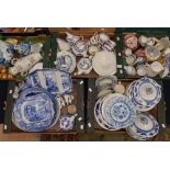 Three boxes of blue and white ceramics including Royal Cauldron,'Dragon' part white dinner service,