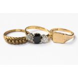 Three gold rings, comprising one 18ct gold and sapphire ring a/f, stones missing,