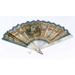 A 19th century French fan with a painting in the manner of Watteau, sequin decoration,