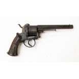 Belgian 11mm pin fire Revolver. 5.5 inch barrel. Lanyard ring missing. German proof marked.