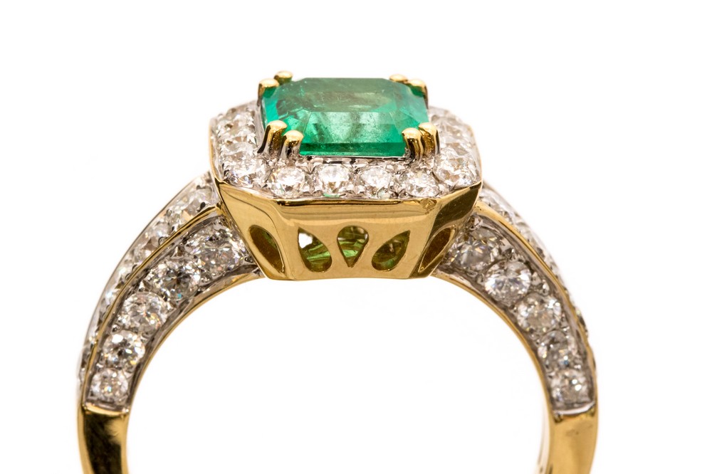 An emerald and diamond 18ct gold octagonal halo cluster ring, - Image 2 of 2