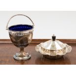 A George V silver sweetmeat pedestal basket with beaded handled, engraved floral swags,