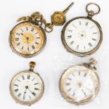 A group of four silver ladies pocket watches, half hunters, white enamel dials,