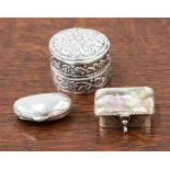 Two mexican silver pill boxes to include a Mexican Taxco abalone shell box,