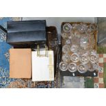 Two boxes of contemporary glass, crystal cheese dome, flash glass comport,