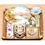 Assorted items to include, small plaque of woman, vaseline glass vase on EPNS base,