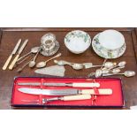 A boxed carving set with assorted EPNS salt and flatware,