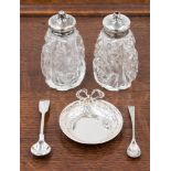 A pair of silver and cut glass salt and pepper pots Birmingham 1923,