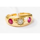 An old cut diamond, synthetic ruby and 18ct gold ring a/f,