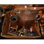 A large quantity of antique copper and brass ware, to include 19th century copper kettle, samavoire,