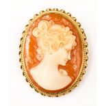 A carved cameo brooch in 9ct gold with a rope twist surround approx size 30mm x 23mm,