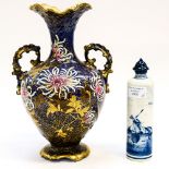 A 19th century Brownfields Vase with enamel honeysuckle flowers etc, blueground,