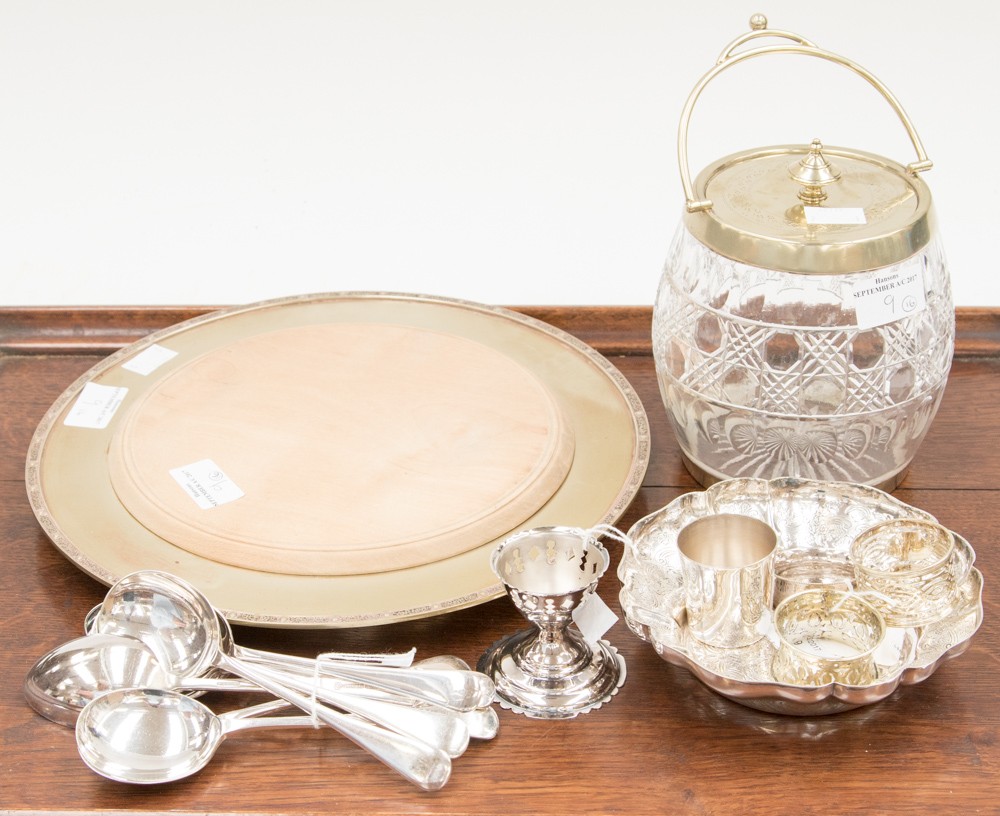 A Walker & Hall sweetmeat dish, soup spoons, cut glass/plate biscuit barrel, bread plate/board,