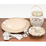 A Walker & Hall sweetmeat dish, soup spoons, cut glass/plate biscuit barrel, bread plate/board,