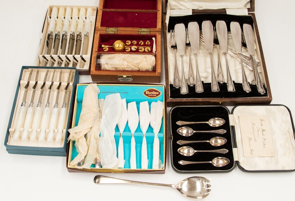 Various boxed cutlery with five silver boxed coffee spoons, together with a boxed set of weights,