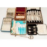 Various boxed cutlery with five silver boxed coffee spoons, together with a boxed set of weights,