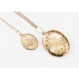 Two 9ct gold lockets, comprising one large floral engraved oval locket, approx 30 x 20mm,