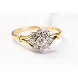 An 18ct gold diamond flower cluster ring, set with nine stones, size R,