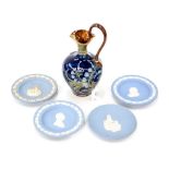 Doulton Lamberth ewer together with 4 wedgwood jasper wear pin dishes including beatrix Potter one