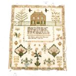 A 19th century sampler, 1834, with house, trees etc,