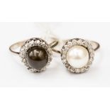 A white metal and cultured white pearl and diamond set ladies dress ring,