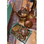 Large 19th century brass pot with copper handles, copper plant pot, coal bucket, warming pan,