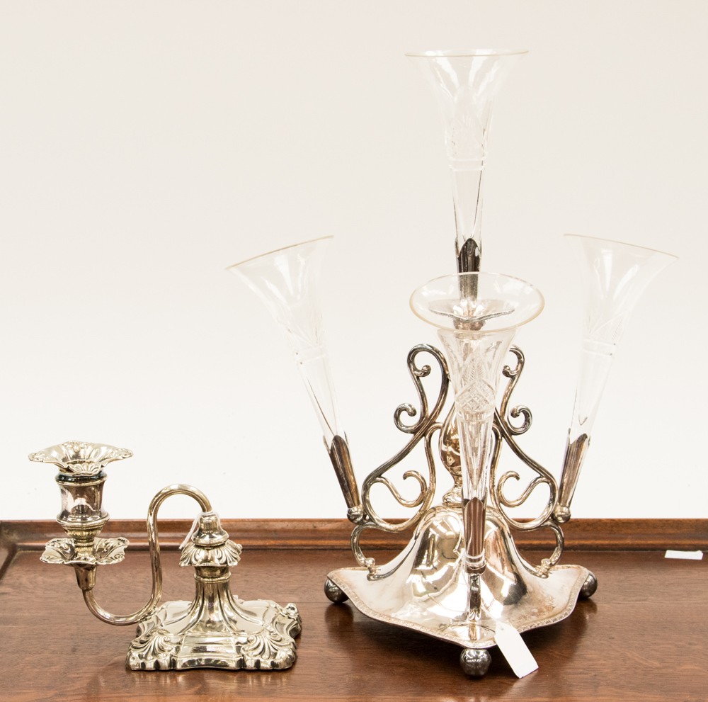 An Edwardian Dixons plated four trumpet epergne and a night candle light (2)