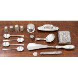 A collection of hallmarked silver items, including miniature Bible, lead holder, spoons,