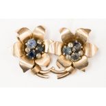 A pair of sapphire and diamond flower head yellow gold (unmarked) clip earrings, length approx 35mm,