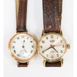 An Elgin 9ct gold watch with enamel face on leather strap,