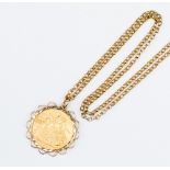 A mounted Sovereign set as a pendant, with 9ct gold chain, total weight approx 14.
