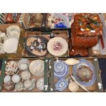 A collection of ceramics including Majolica jardiniere stand, three Japanese Bretby plaques,