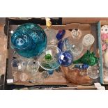 A box of assorted glass ware including Webb cut glass dessert set, carnival glass bowl,